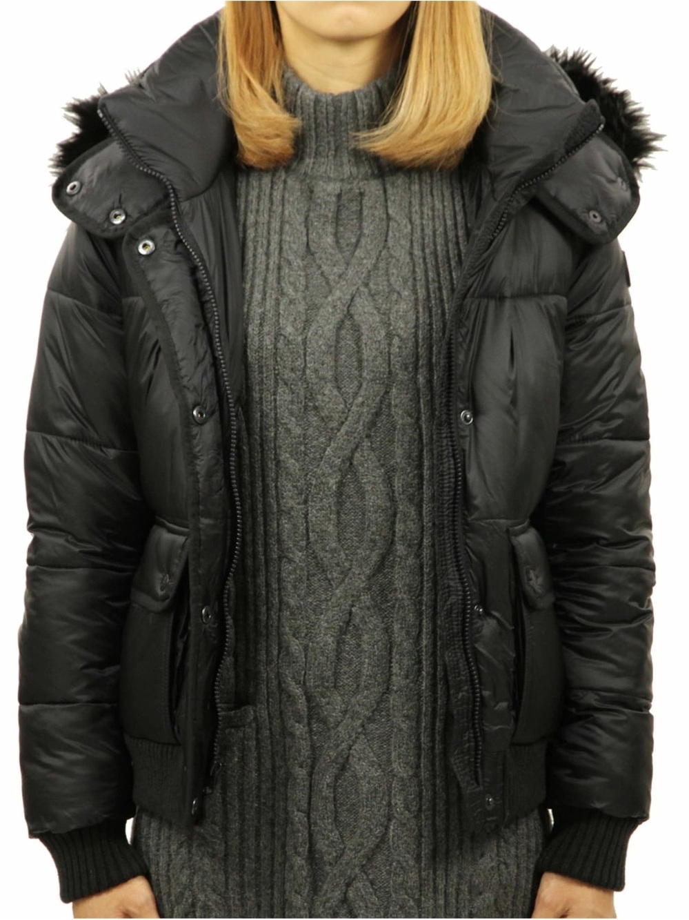 New Abercrombie & Fitch Black Hooded Puffer Jacket with Faux Fur Trim